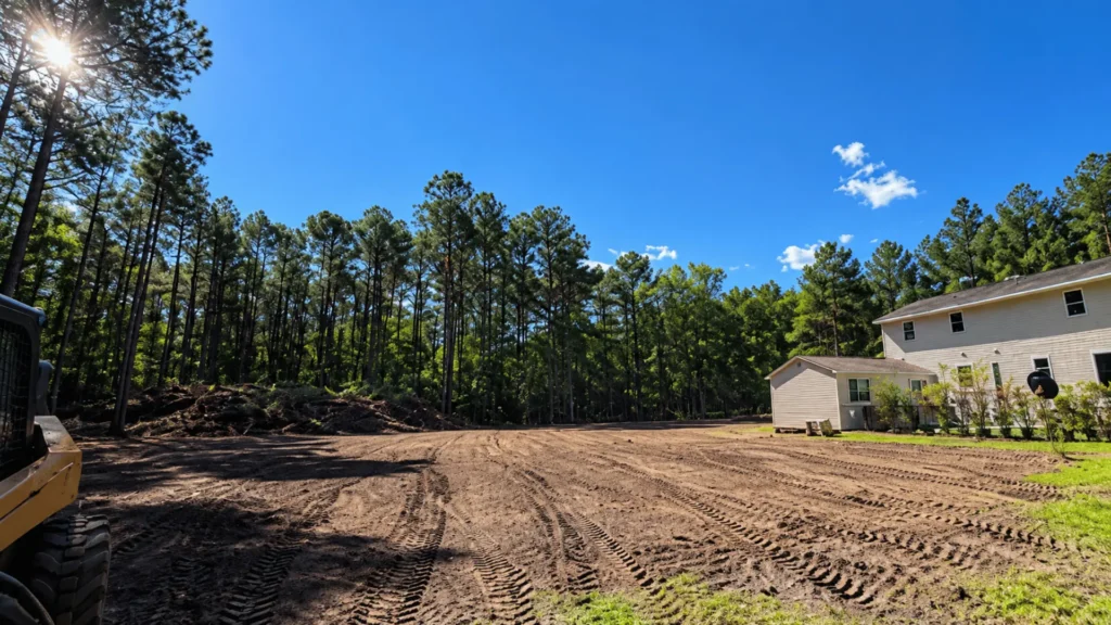 Freshly cleared residential lot with pine trees in the Delmarva Peninsula