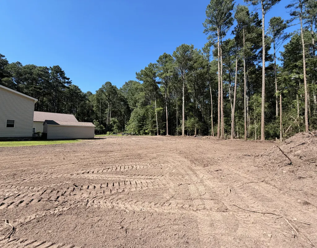 Bare cleared pad with track marks beside a house and a pine stand on the Delmarva Peninsula