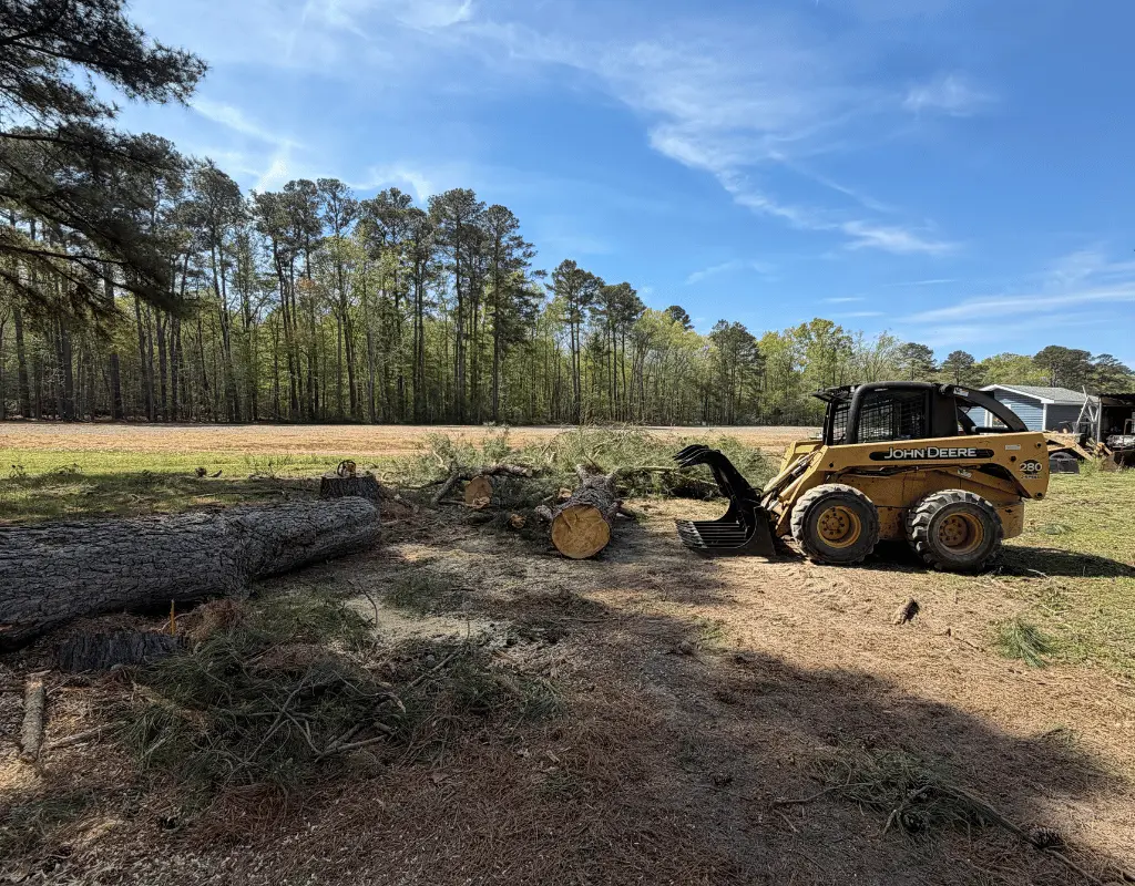 John Deere skid steer beside cut pine logs and brush on a Delmarva Peninsula job site